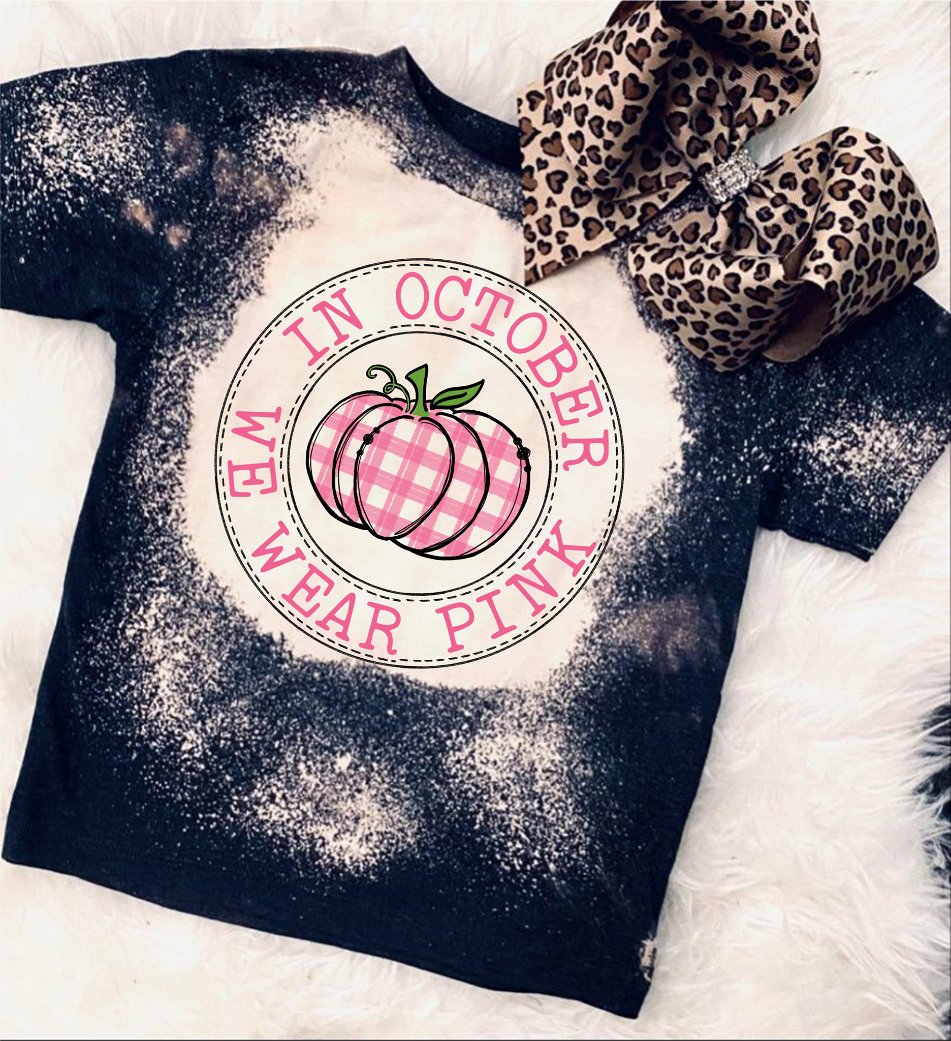 Kids October We Wear Pink Plaid Pumpkin Circle Bleached Tee