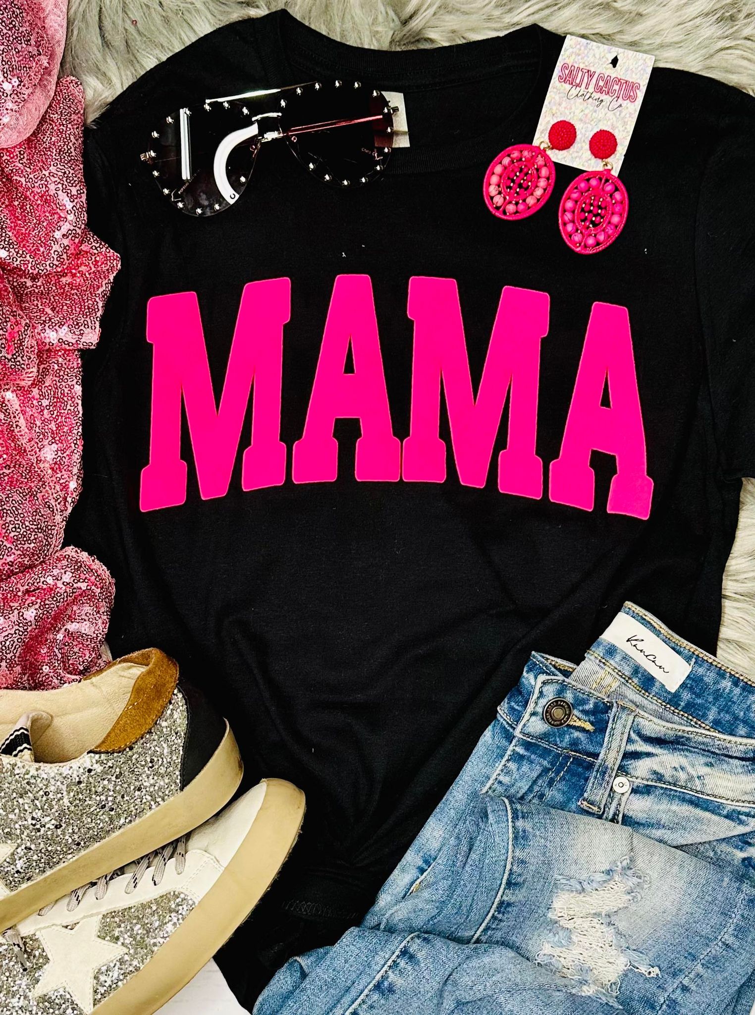 *PUFF*  Custom Mama Neon Pink Puff Black Tee