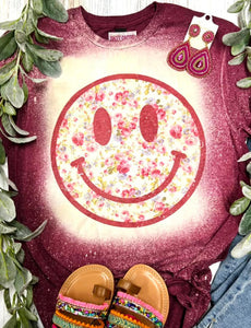Smiley Maroon Flowers Maroon Bleached Tee