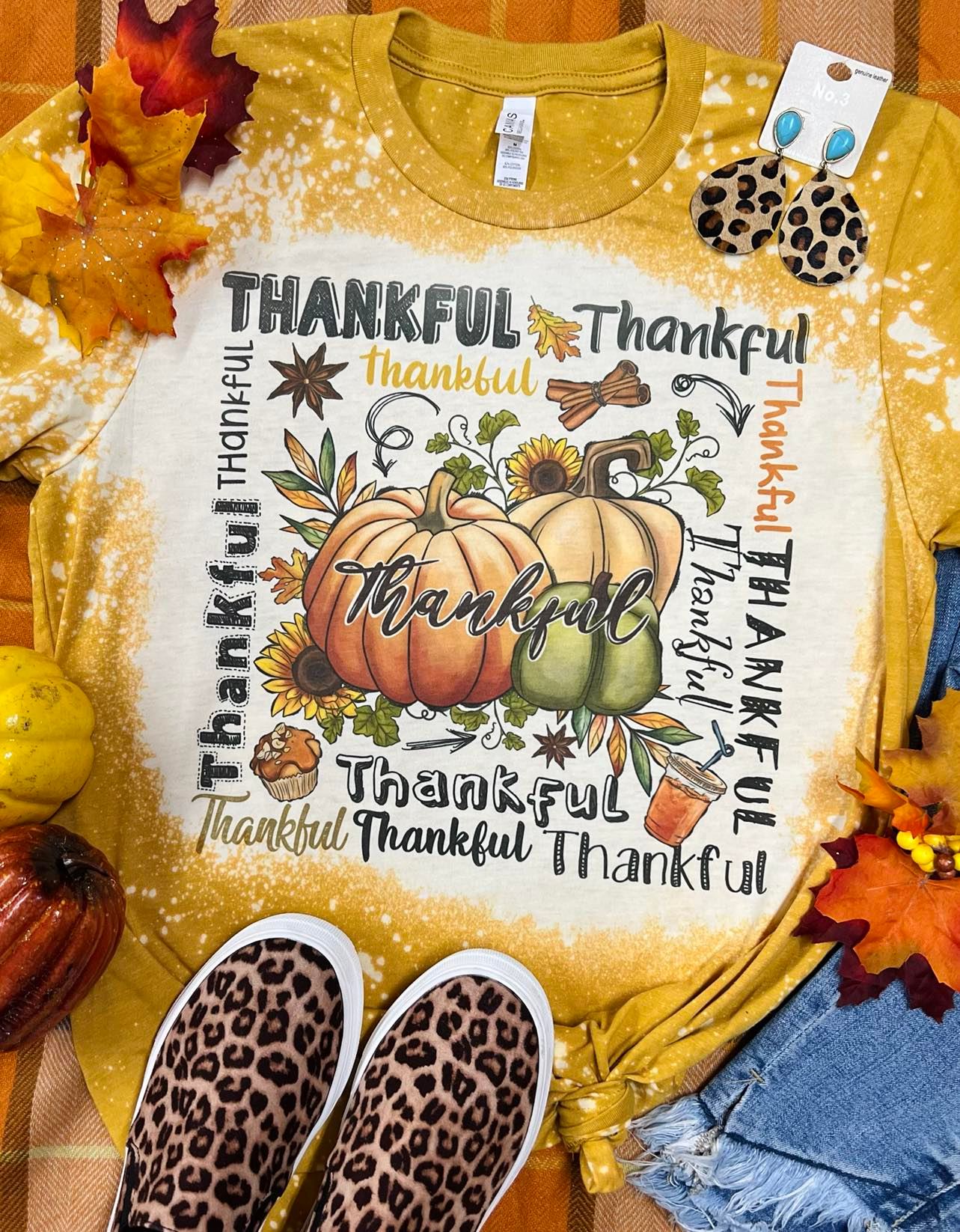 Thankful Words with 3 Pumpkins Mustard Bleached Tee