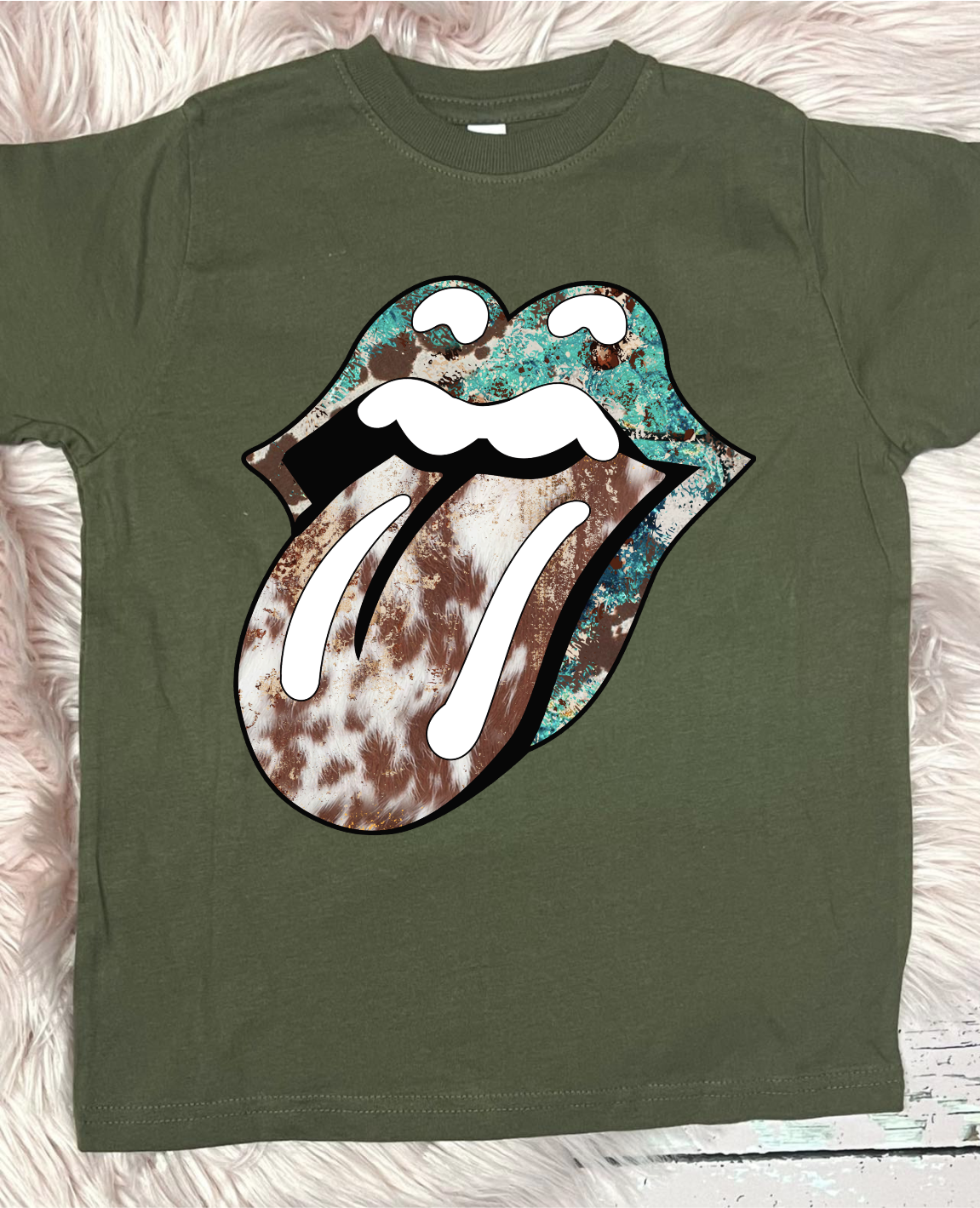 *DTG* Kids Tongue Western Cowhide and Turquoise Forest Green Tee